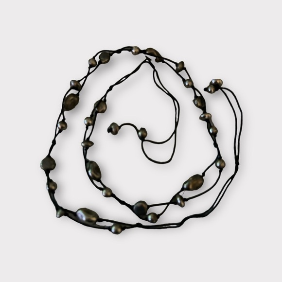 Boho belt,2 black cords tied with pewter stones of various sizes. Ties to close - Picture 5 of 7